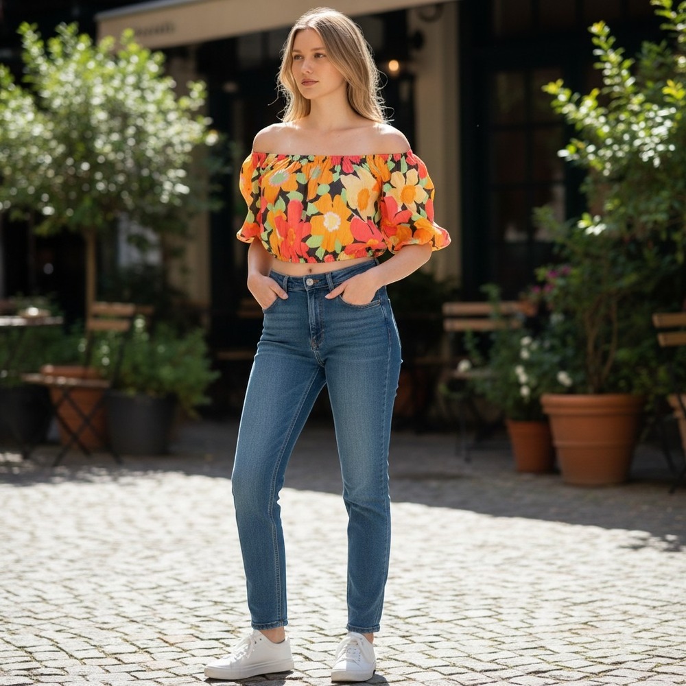 Billabong Womens Floral Off The Shoulder Crop Top Balloon Sleeve Boho Multi L
